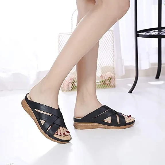 OCW Summer Women Wedge Sandals Vintage Leather Retro Comfortable Sandals