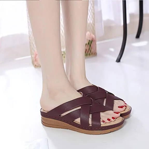 OCW Summer Women Wedge Sandals Vintage Leather Retro Comfortable Sandals