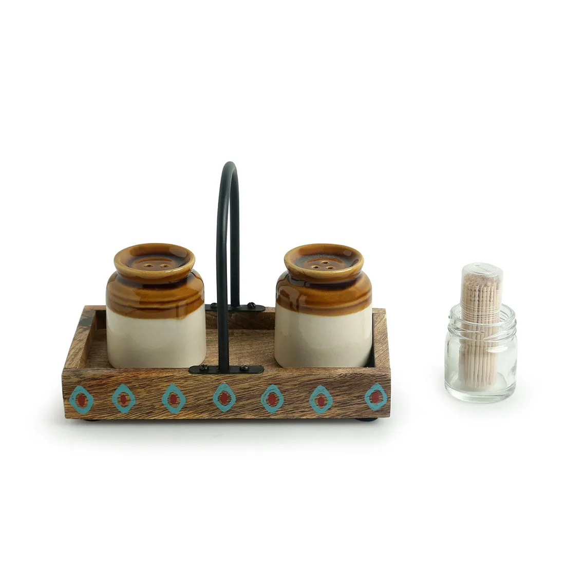 'Old Fashioned Martaban' Salt & Pepper Shaker Set With Toothpick Holder & Tray (110 ML)