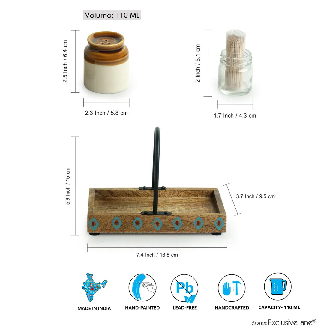 'Old Fashioned Martaban' Salt & Pepper Shaker Set With Toothpick Holder & Tray (110 ML)