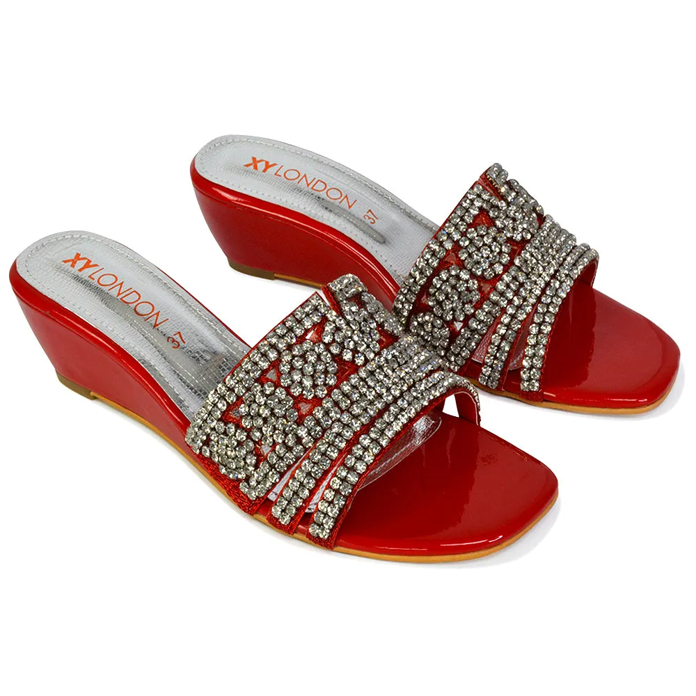 Olive Square Toe Embellished Diamante Wedge Heel Sandals in Red