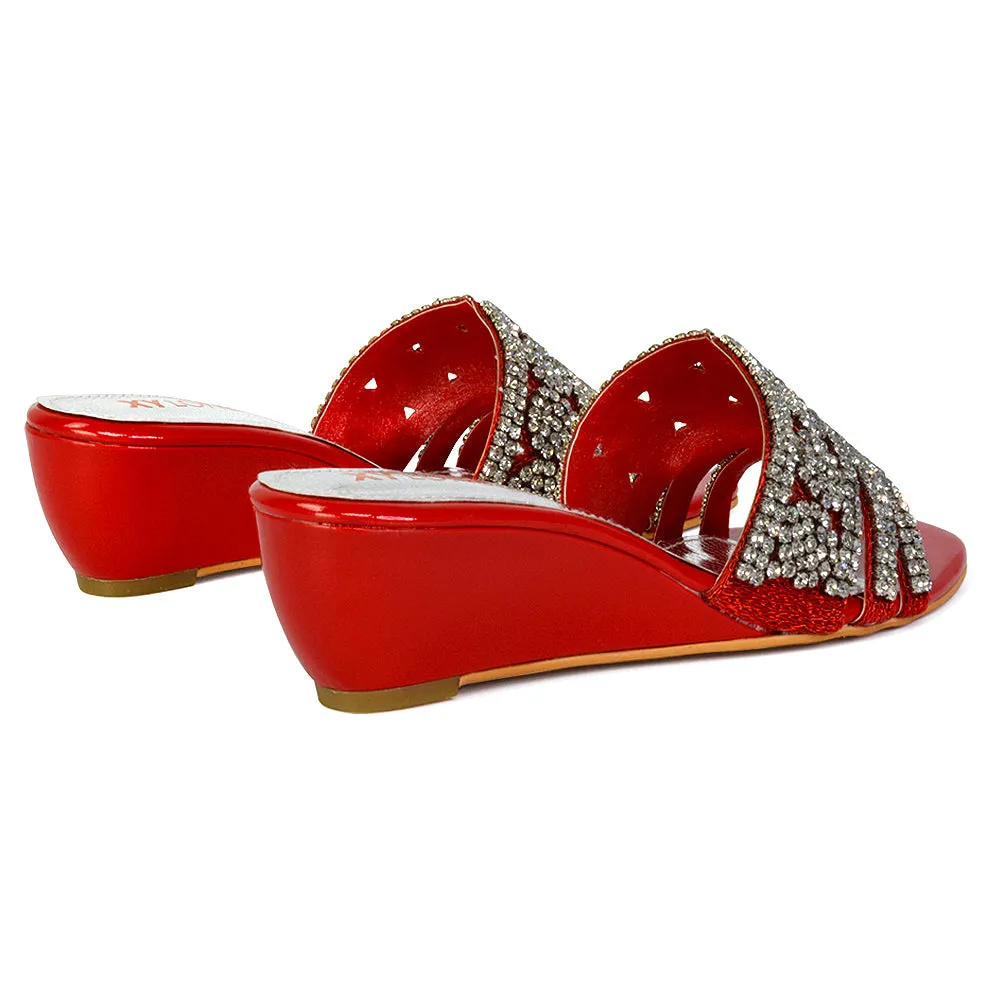 Olive Square Toe Embellished Diamante Wedge Heel Sandals in Red