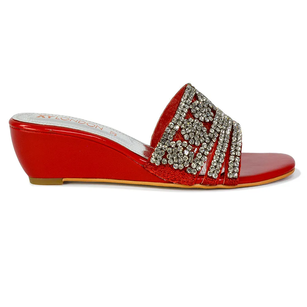 Olive Square Toe Embellished Diamante Wedge Heel Sandals in Red