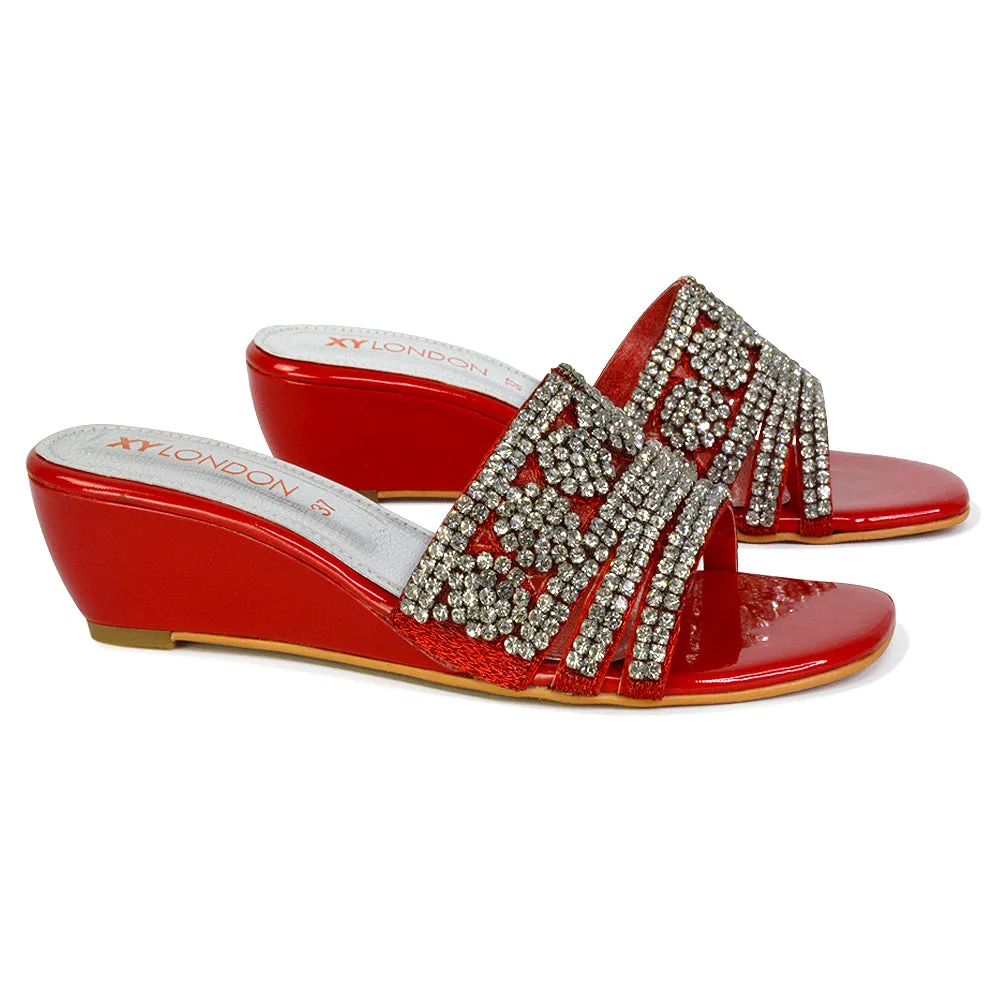 Olive Square Toe Embellished Diamante Wedge Heel Sandals in Red