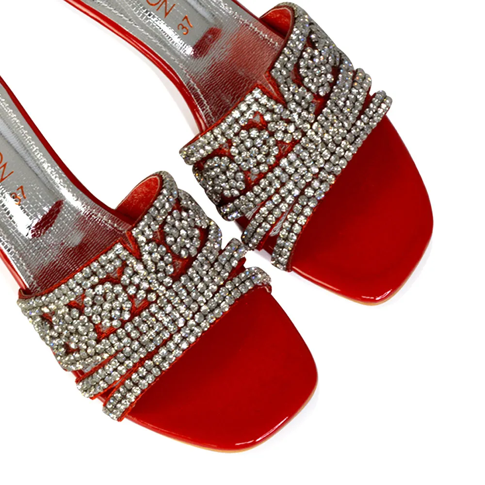 Olive Square Toe Embellished Diamante Wedge Heel Sandals in Red