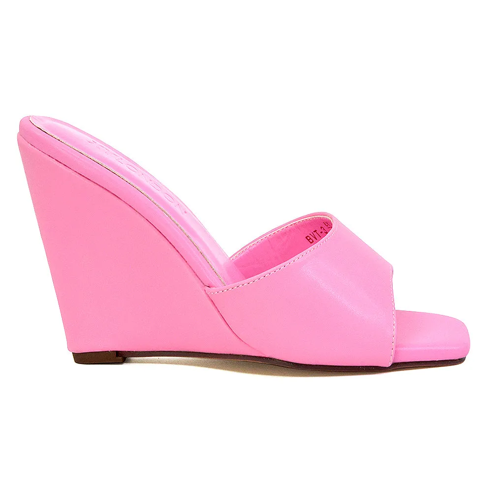 Otis Slip On Square Toe Wedge High Heeled Mule Summer Sandals in Pink