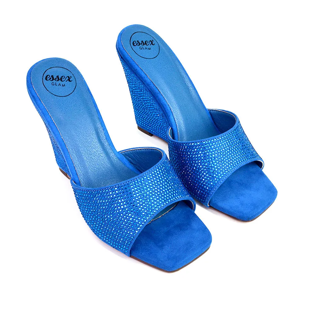 Peggie Diamante Faux Suede Square Toe Wedge Heel Sandal Mules in Blue