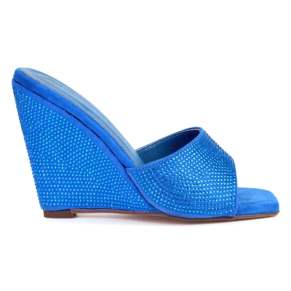 Peggie Diamante Faux Suede Square Toe Wedge Heel Sandal Mules in Blue