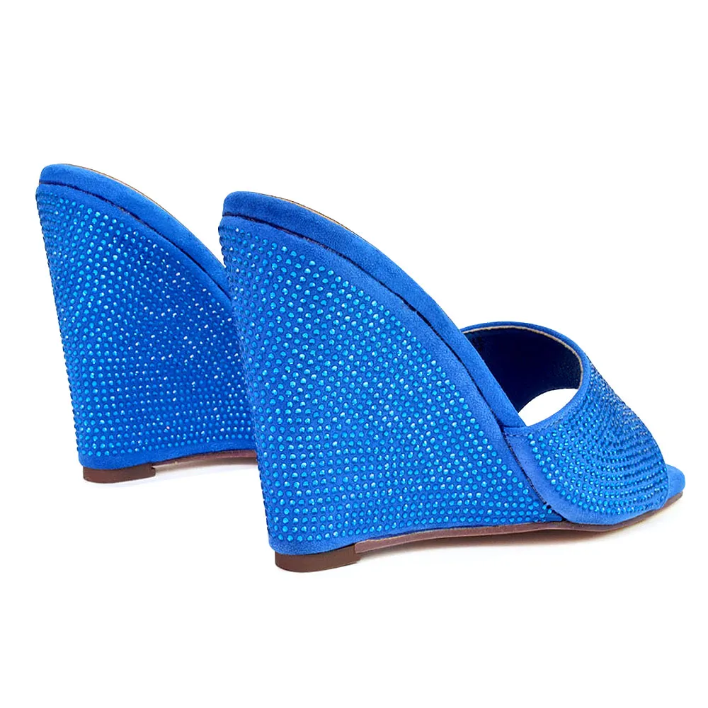 Peggie Diamante Faux Suede Square Toe Wedge Heel Sandal Mules in Blue