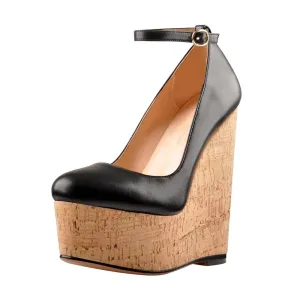 Platform High Heel Round Toe Ankle Strap Wedge Shoes