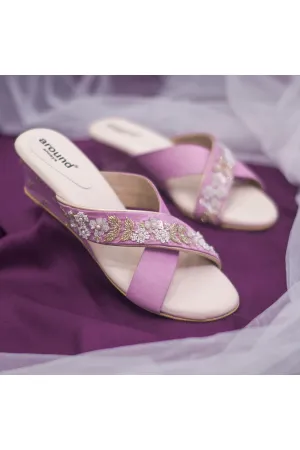 Purple Poly Silk & Rexine Embroidered Wedge Heels