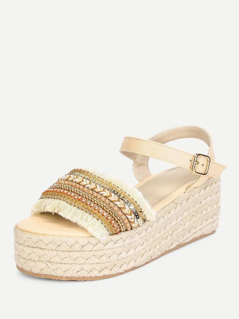 Raw Trim Wedge Sandals With Jewelry