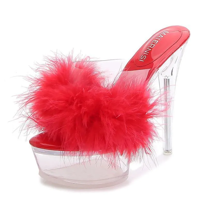 RED FUR CLEAR HEELS