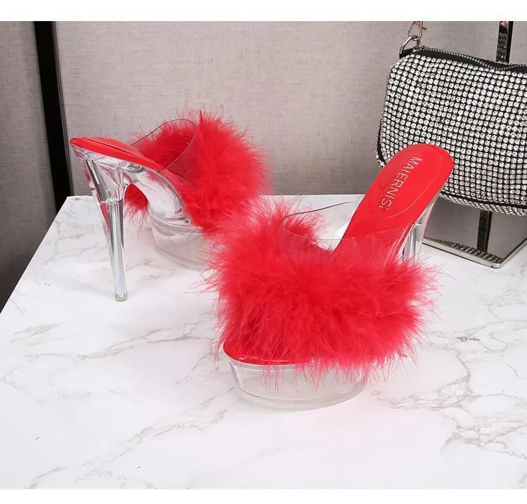 RED FUR CLEAR HEELS