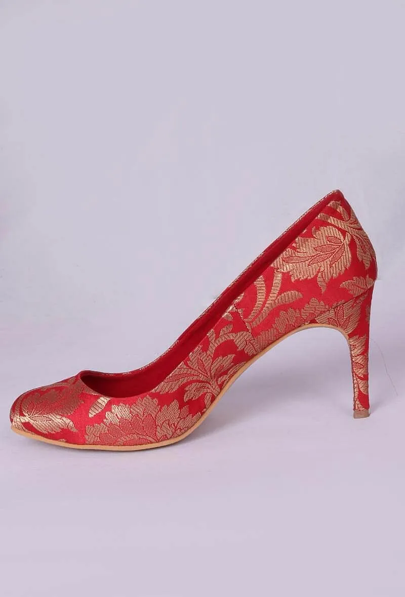 Red Pencil Heels In Brocade