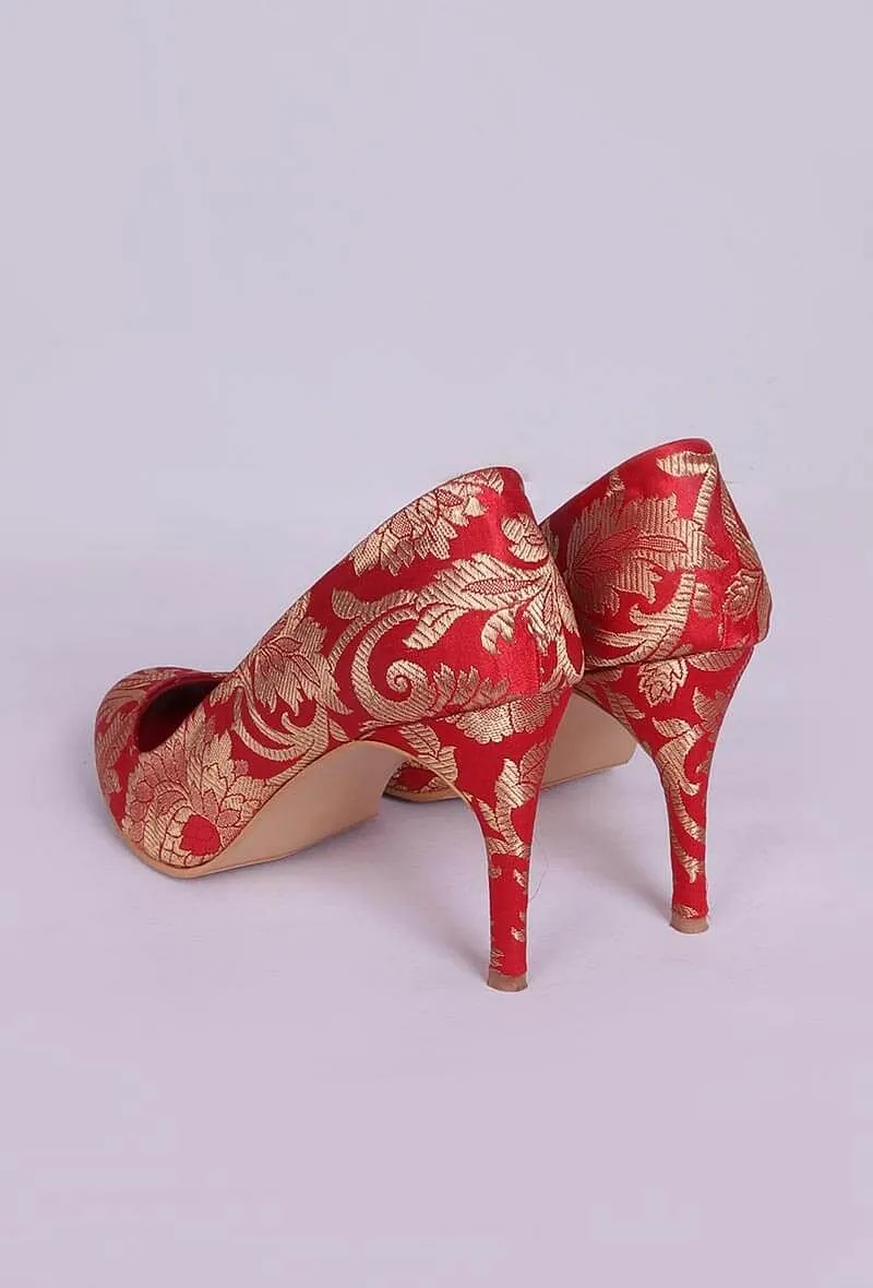 Red Pencil Heels In Brocade