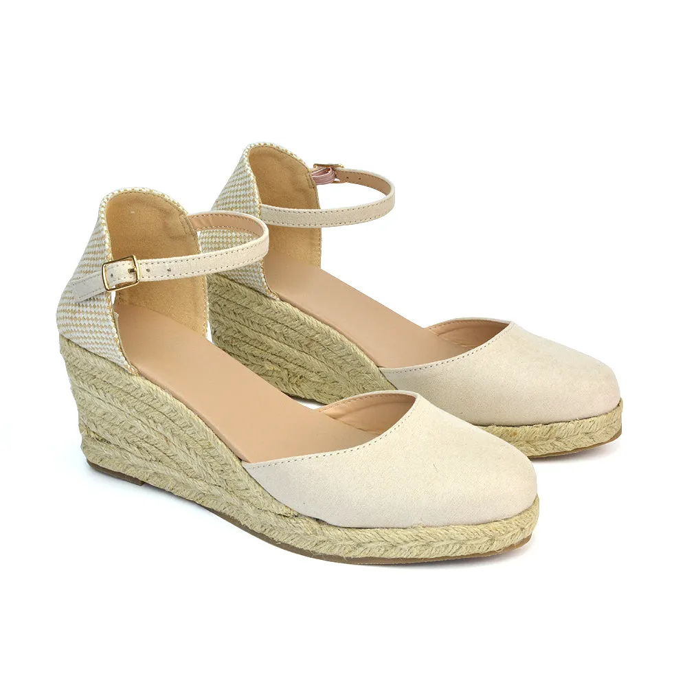 Rocky Closed Toe Strappy Espadrille Sandal Wedge Mid Heels in White