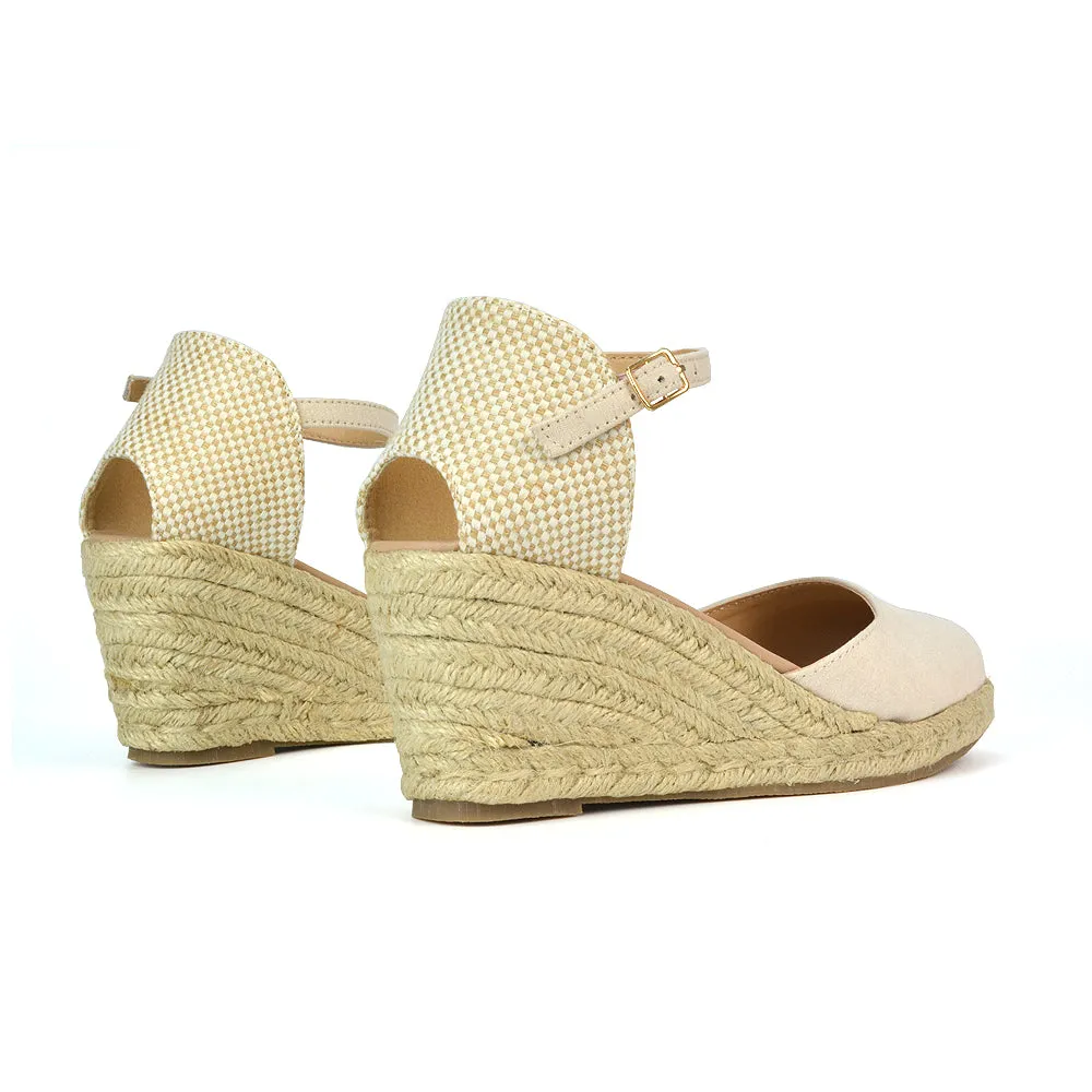 Rocky Closed Toe Strappy Espadrille Sandal Wedge Mid Heels in White