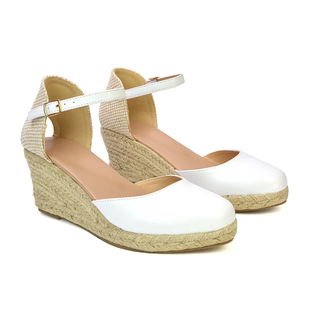 Rocky Closed Toe Strappy Espadrille Sandal Wedge Mid Heels in White