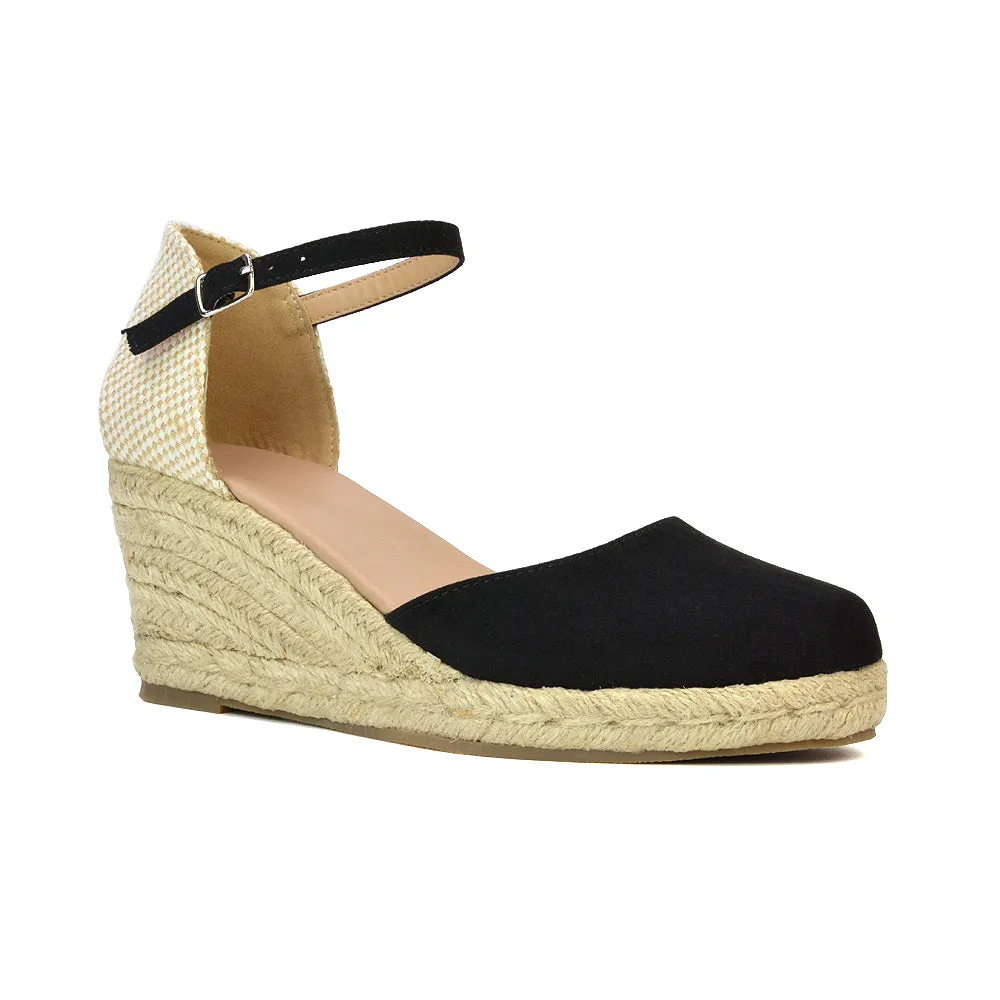 Rocky Closed Toe Strappy Espadrille Sandal Wedge Mid Heels in White