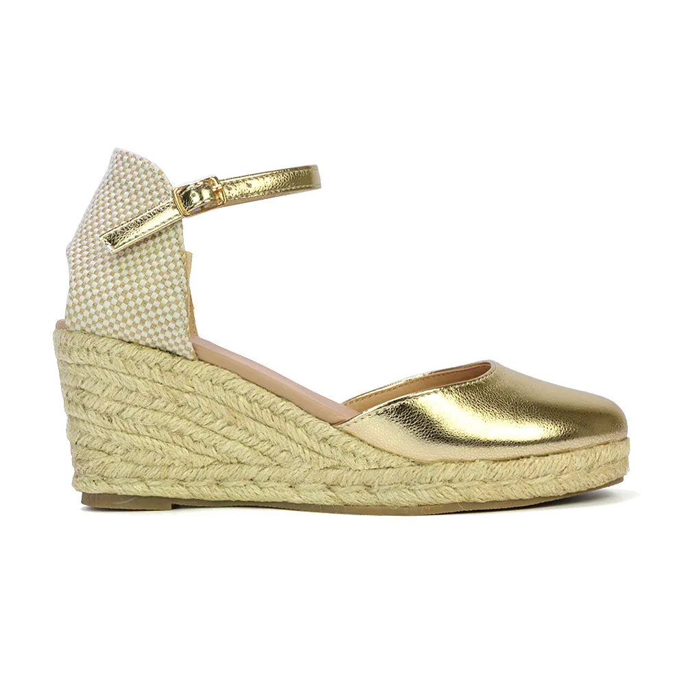 Rocky Closed Toe Strappy Espadrille Sandal Wedge Mid Heels in White