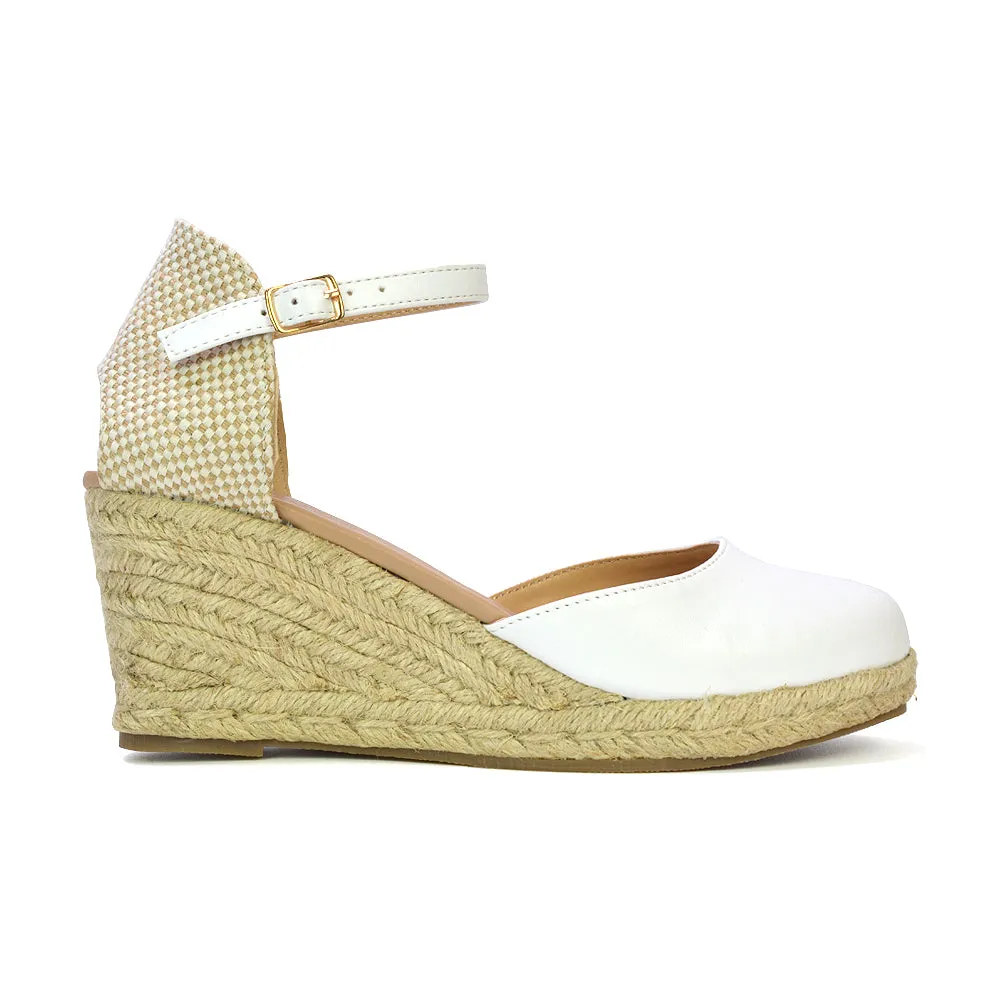 Rocky Closed Toe Strappy Espadrille Sandal Wedge Mid Heels in White