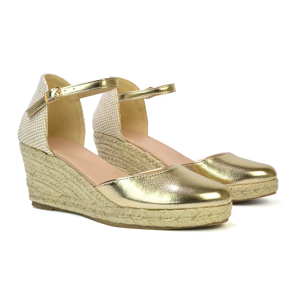 Rocky Closed Toe Strappy Espadrille Sandal Wedge Mid Heels in White