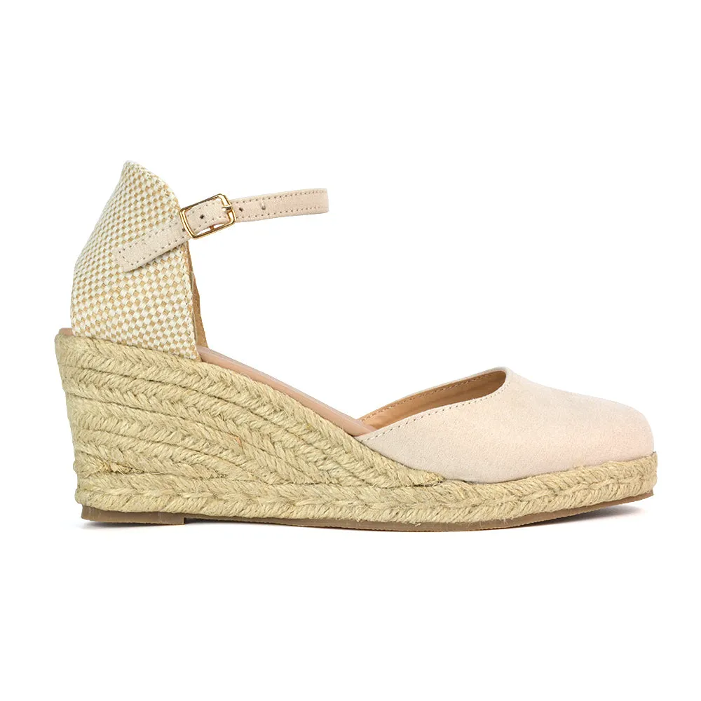 Rocky Closed Toe Strappy Espadrille Sandal Wedge Mid Heels in White