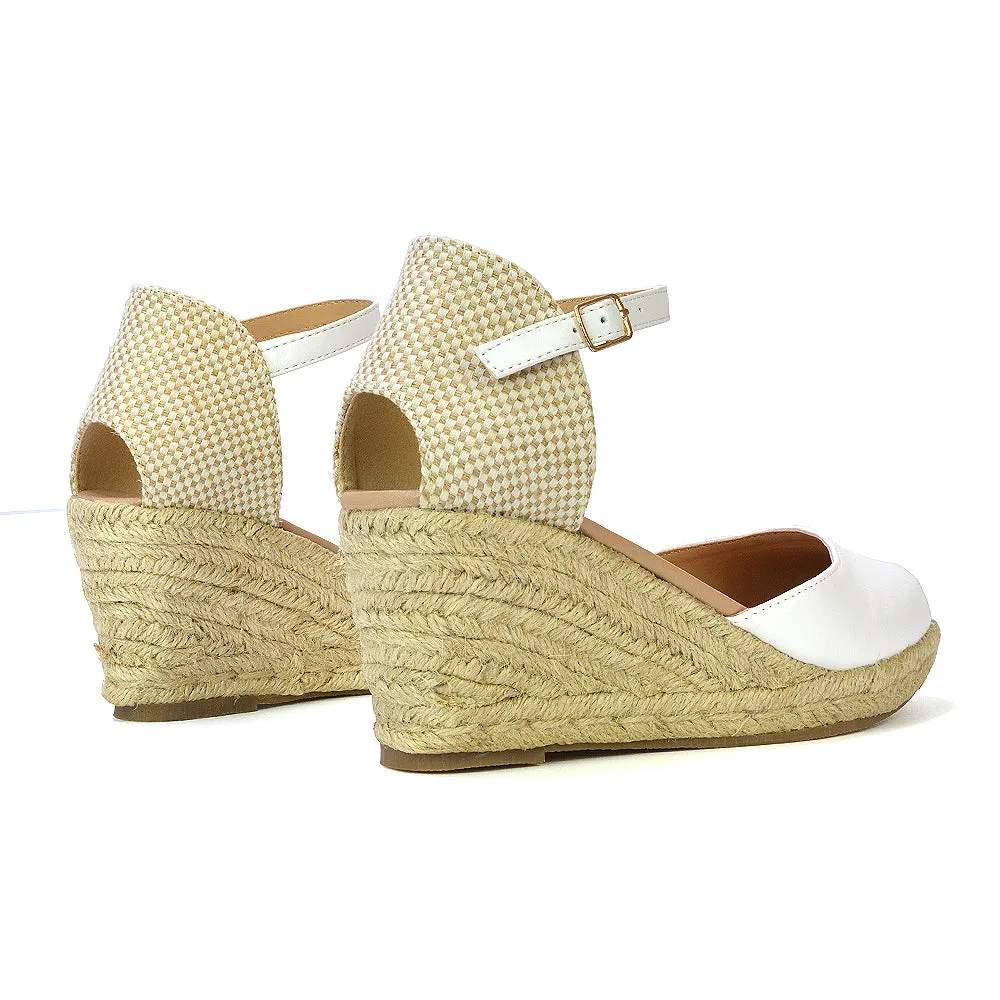 Rocky Closed Toe Strappy Espadrille Sandal Wedge Mid Heels in White