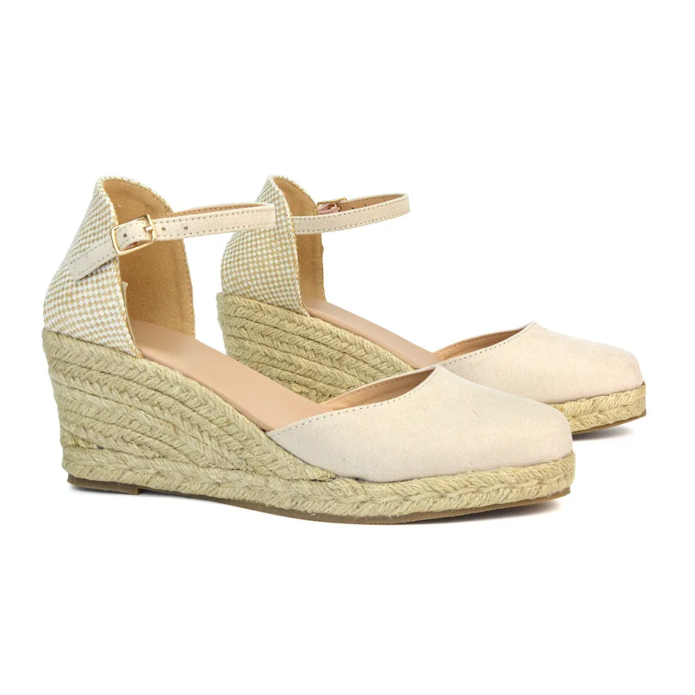 Rocky Closed Toe Strappy Espadrille Sandal Wedge Mid Heels in White