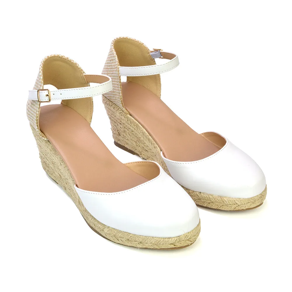 Rocky Closed Toe Strappy Espadrille Sandal Wedge Mid Heels in White