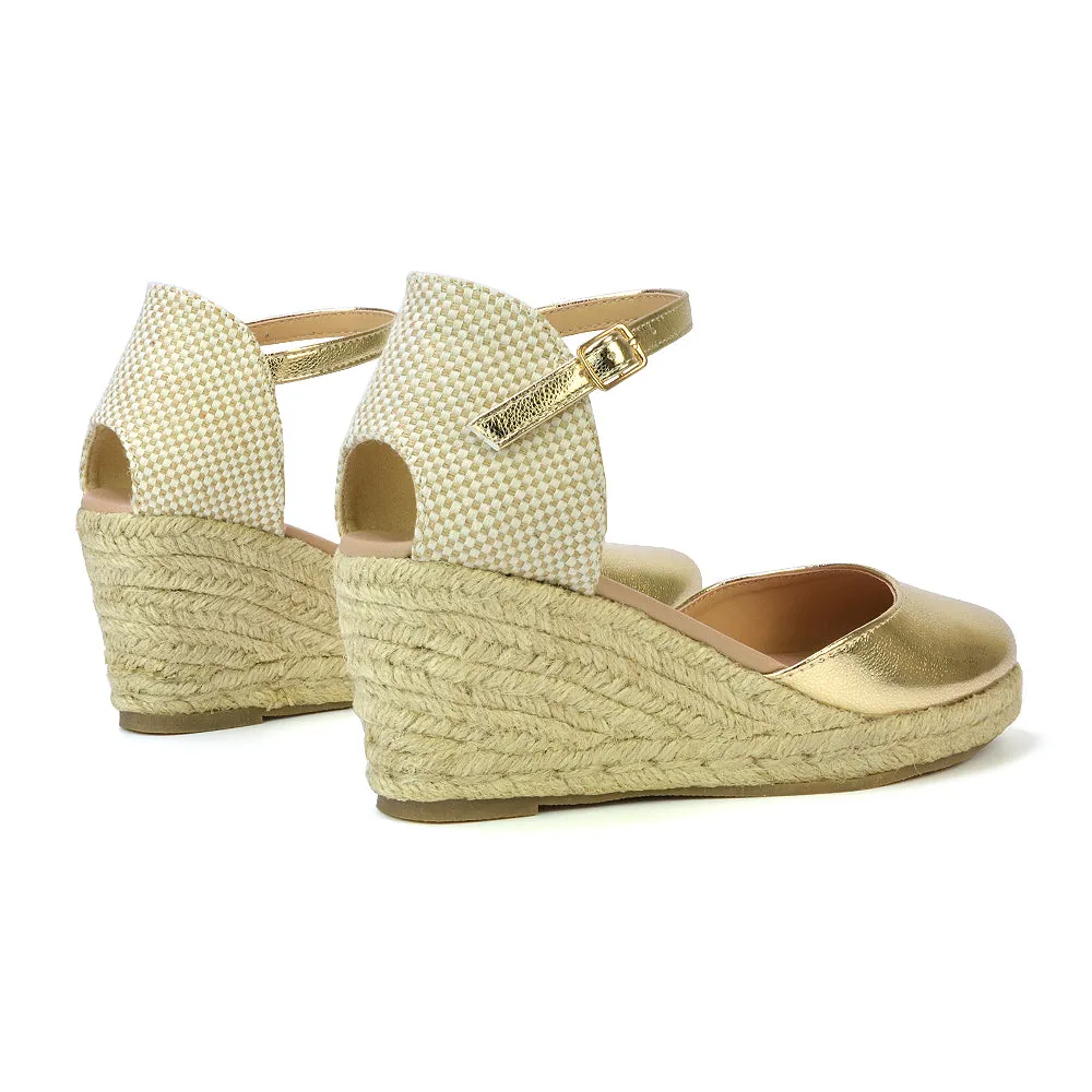 Rocky Closed Toe Strappy Espadrille Sandal Wedge Mid Heels in White