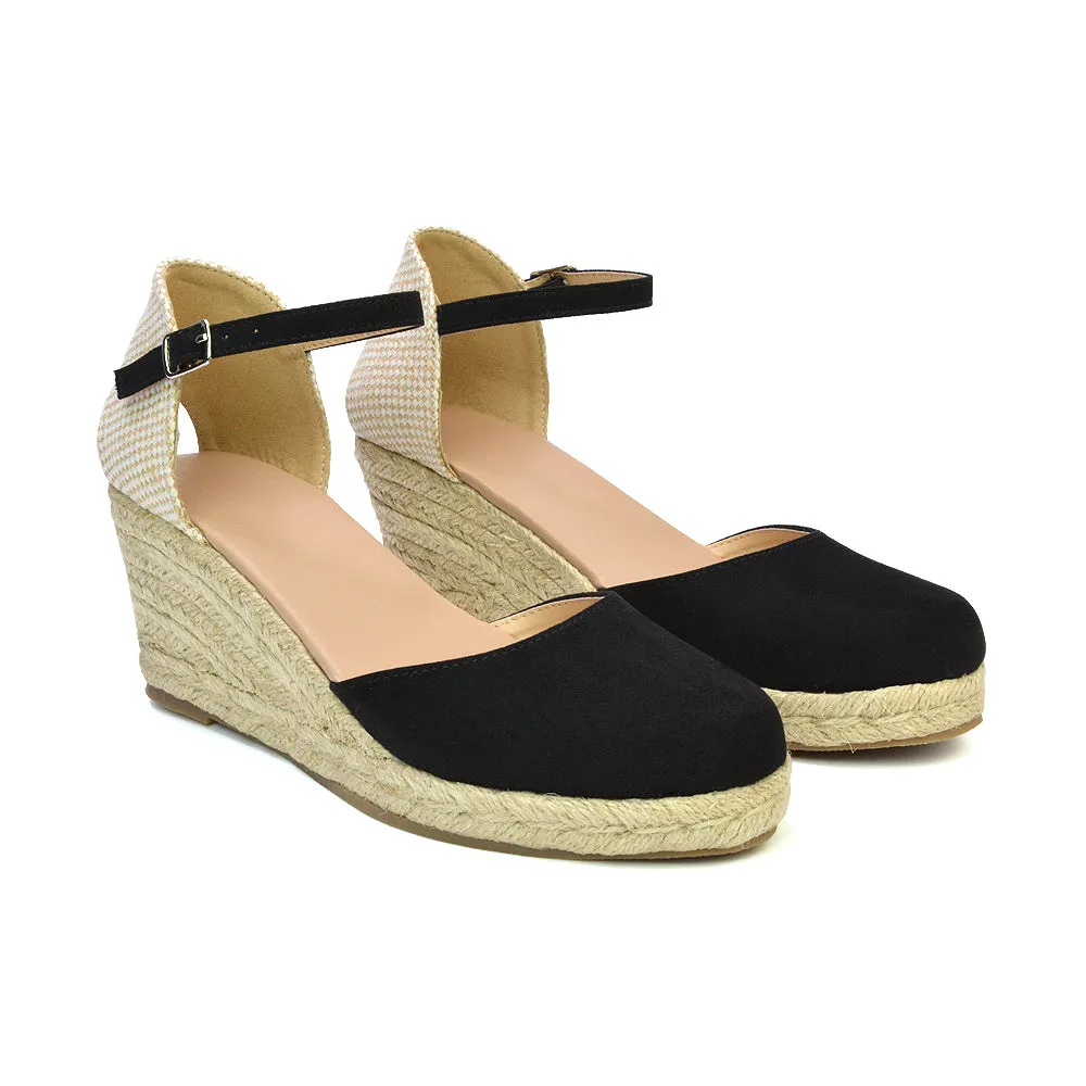 Rocky Closed Toe Strappy Espadrille Sandal Wedge Mid Heels in White