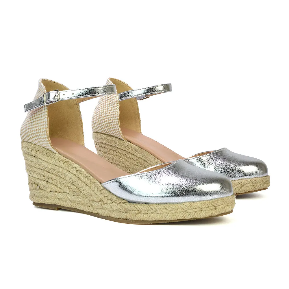 Rocky Closed Toe Strappy Espadrille Sandal Wedge Mid Heels in White