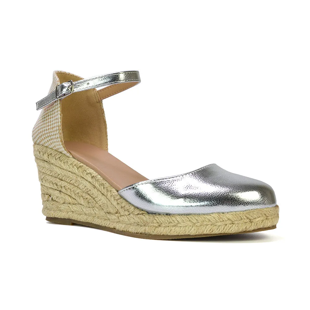 Rocky Closed Toe Strappy Espadrille Sandal Wedge Mid Heels in White