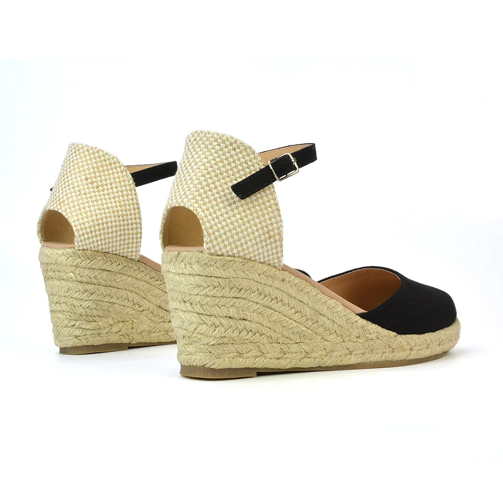 Rocky Closed Toe Strappy Espadrille Sandal Wedge Mid Heels in White