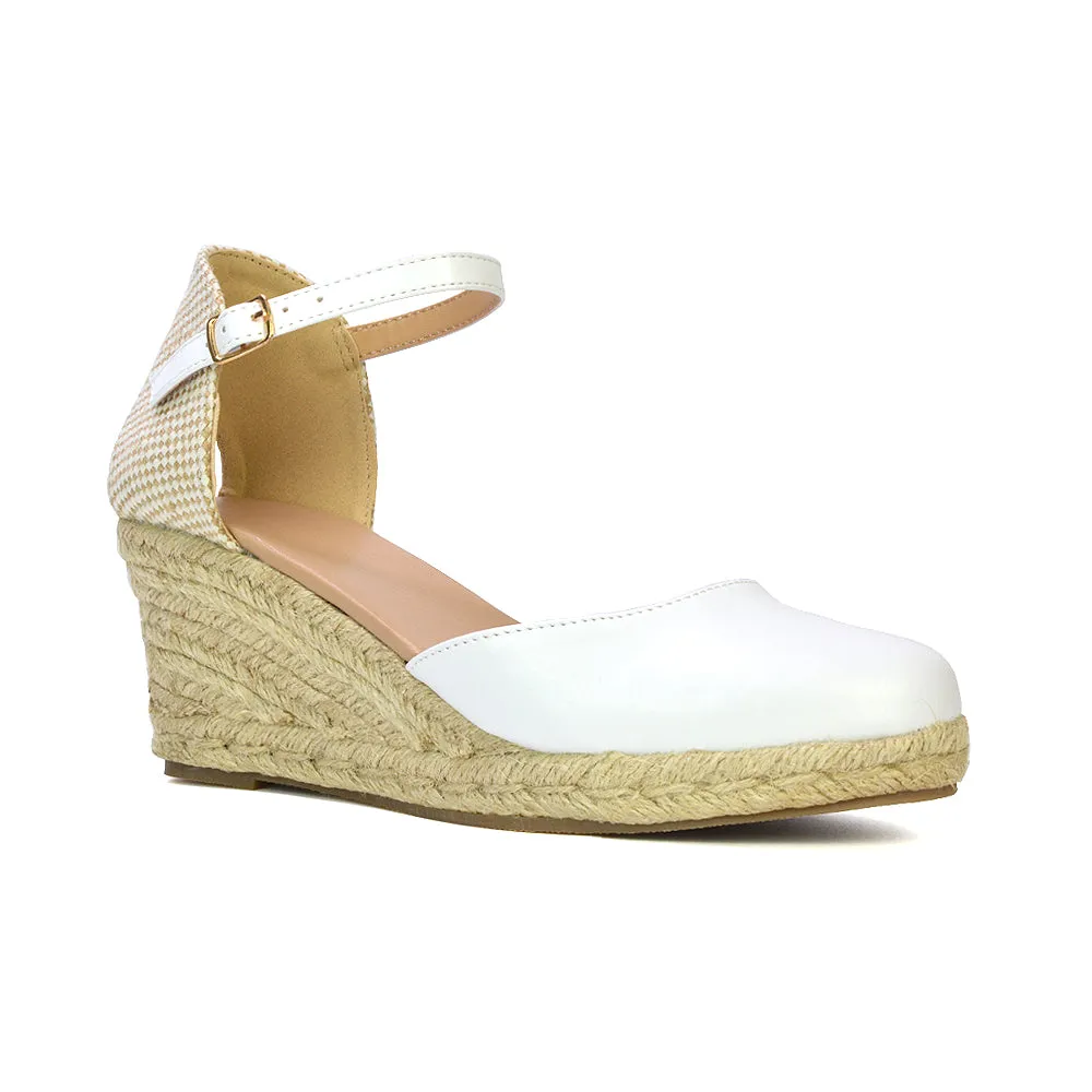 Rocky Closed Toe Strappy Espadrille Sandal Wedge Mid Heels in White