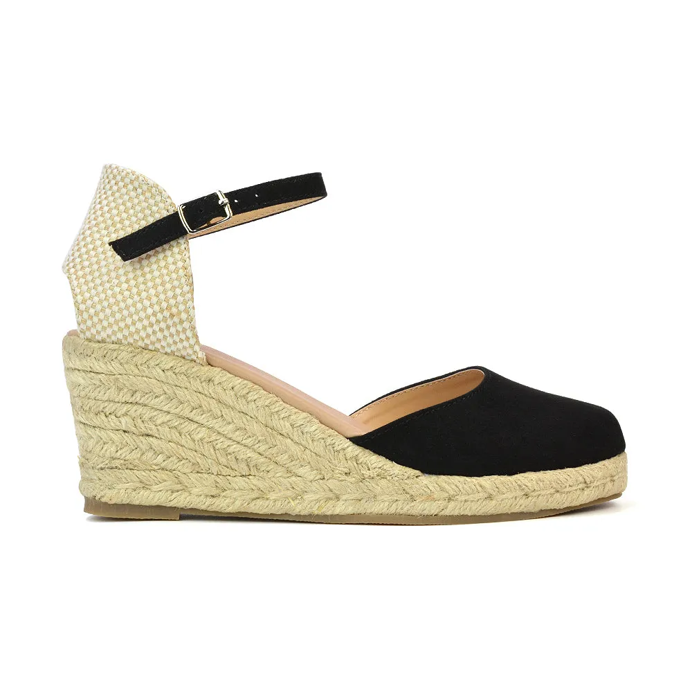 Rocky Closed Toe Strappy Espadrille Sandal Wedge Mid Heels in White