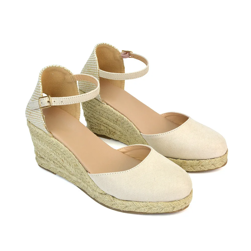 Rocky Closed Toe Strappy Espadrille Sandal Wedge Mid Heels in White