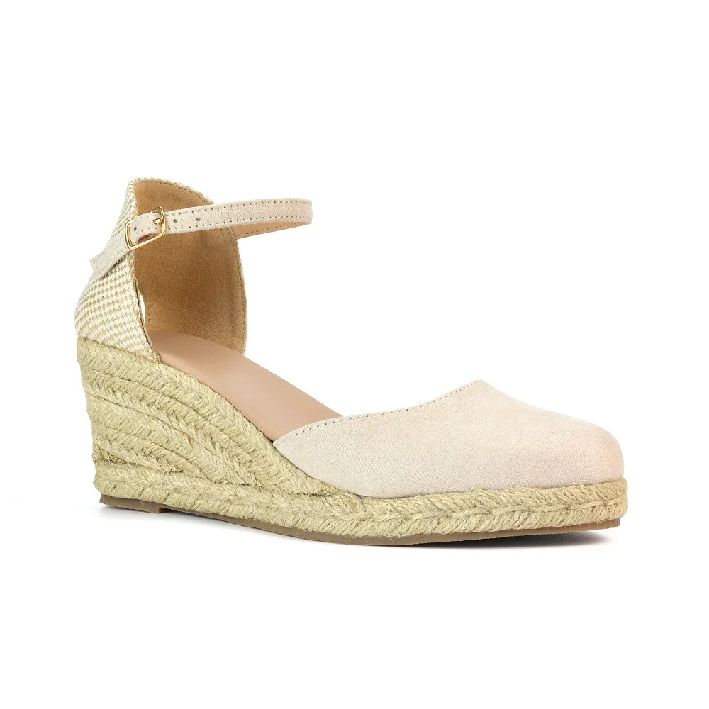 Rocky Closed Toe Strappy Espadrille Sandal Wedge Mid Heels in White