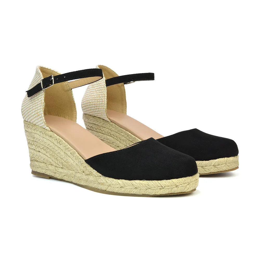 Rocky Closed Toe Strappy Espadrille Sandal Wedge Mid Heels in White