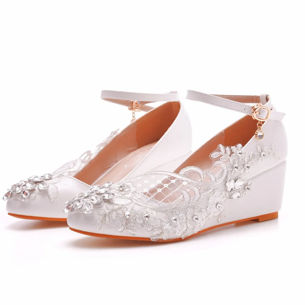 Round Toe Lace Rhinestones Ankle Strap Wedge Heel Wedding Shoes