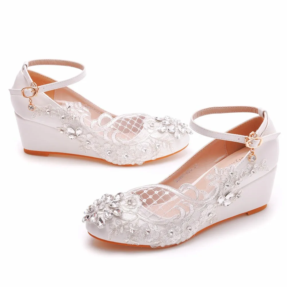 Round Toe Lace Rhinestones Ankle Strap Wedge Heel Wedding Shoes