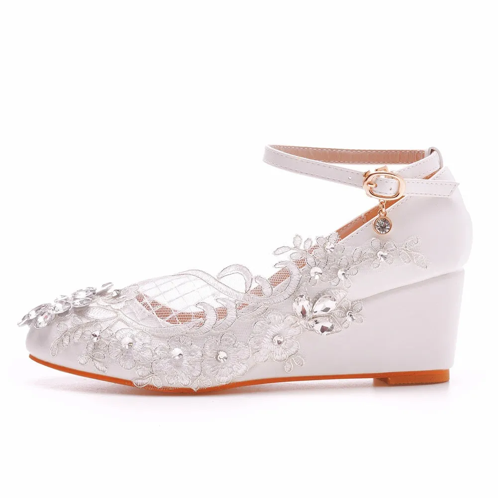 Round Toe Lace Rhinestones Ankle Strap Wedge Heel Wedding Shoes