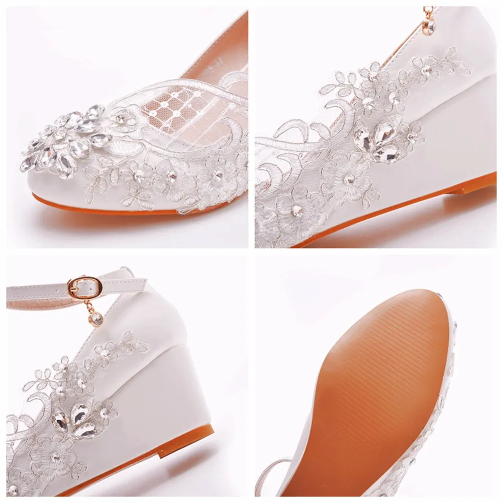 Round Toe Lace Rhinestones Ankle Strap Wedge Heel Wedding Shoes