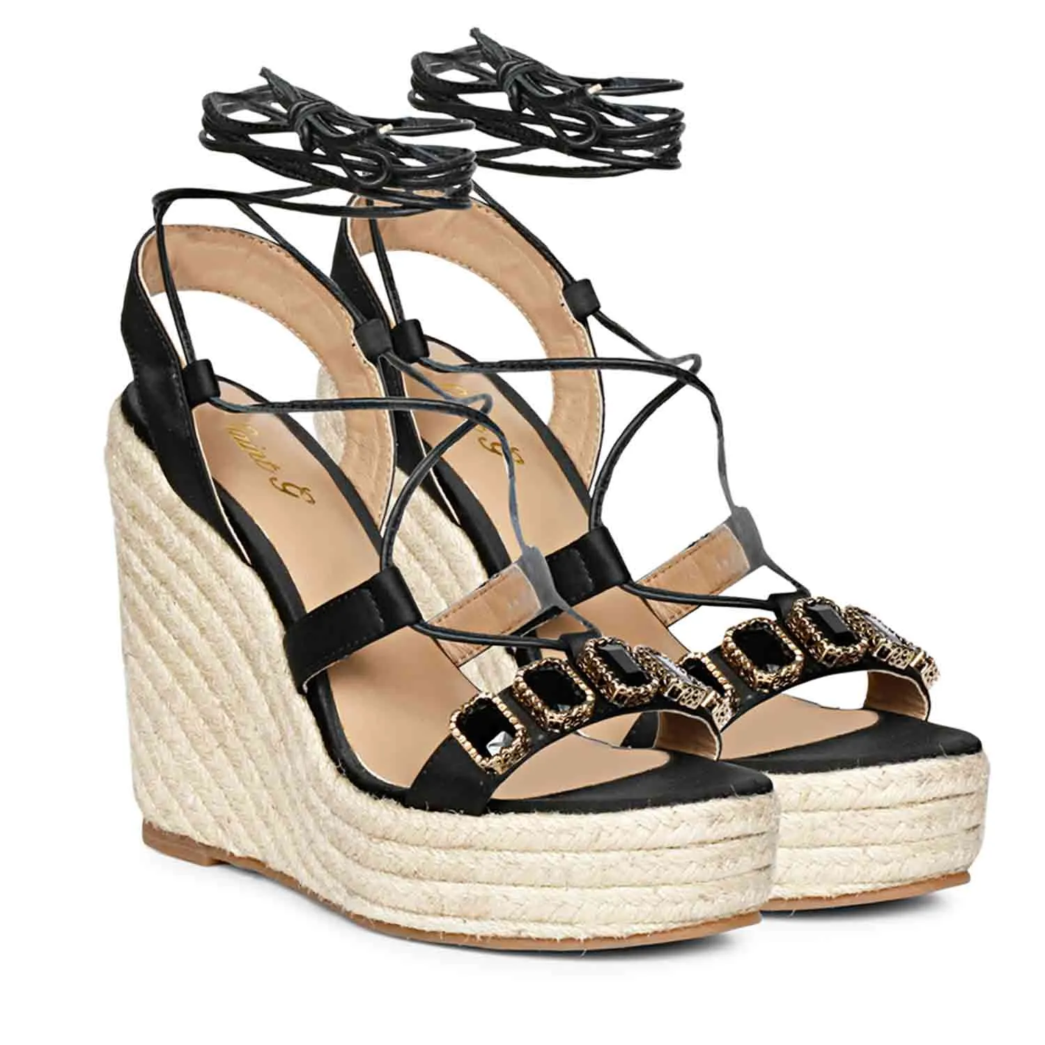 Saint Darina Stone Embellished Lace Up Leather Black Wedge Heels