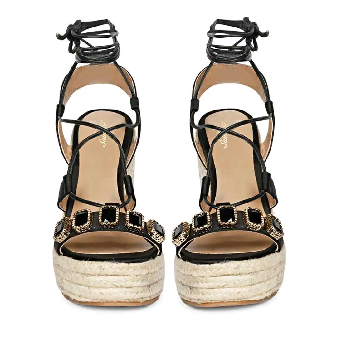 Saint Darina Stone Embellished Lace Up Leather Black Wedge Heels