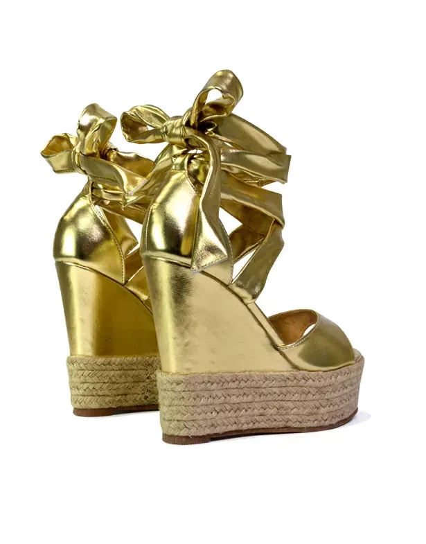 Sansa Strappy Lace up Woven Effect Platform High Heel Sandal Wedges In Gold