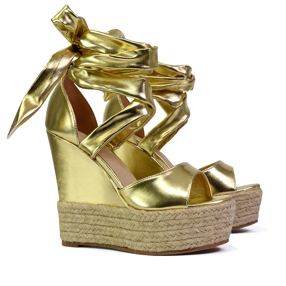 Sansa Strappy Lace up Woven Effect Platform High Heel Sandal Wedges In Gold