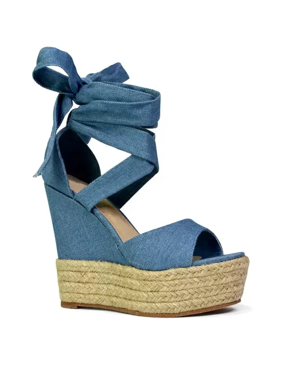 Sansa Strappy Lace up Woven Effect Platform High Heel Sandal Wedges In Gold